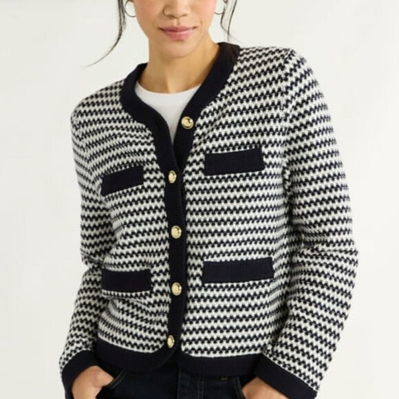 Free Assembly SZM Navy & White Boxy button front cardigan Timeless Chic Parisian - Picture 1 of 11